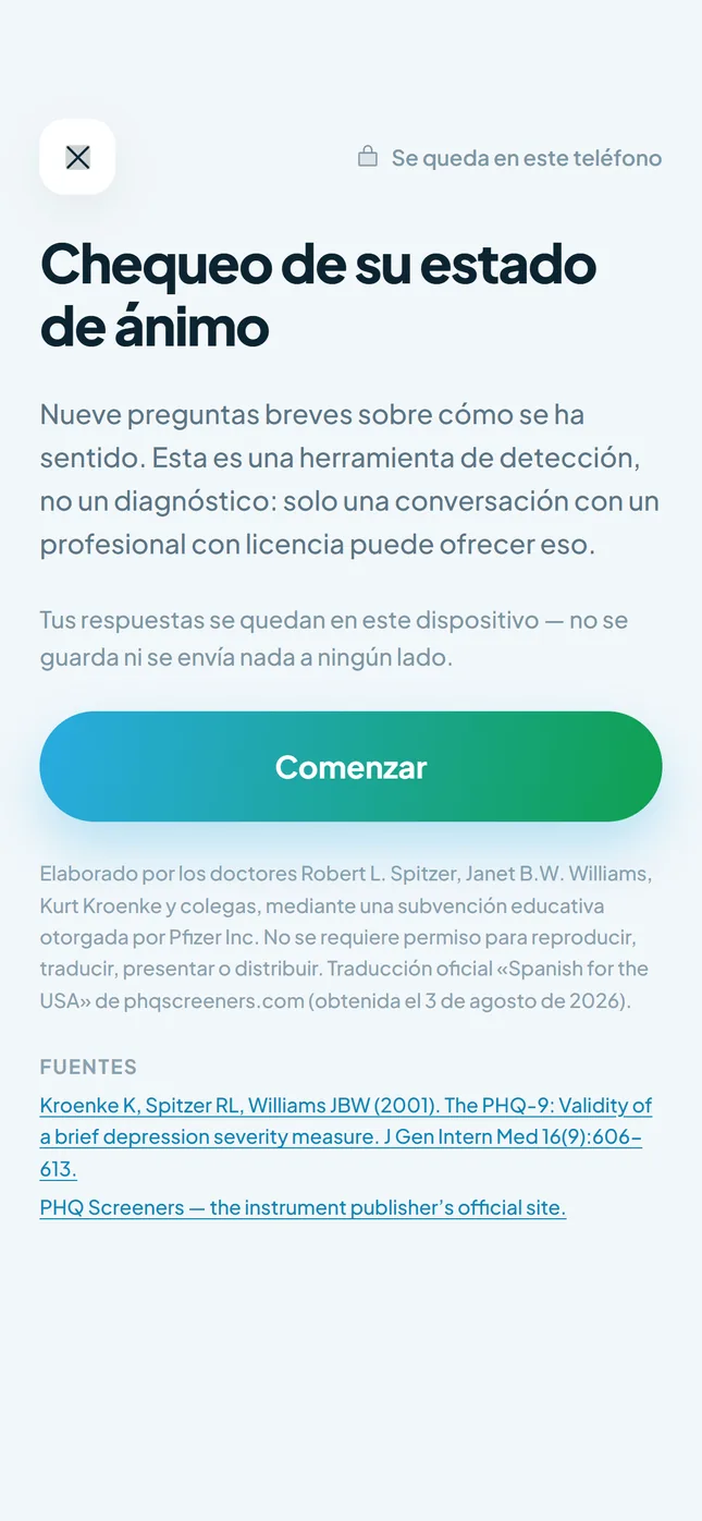 Pantalla del chequeo de estado de ánimo (PHQ-9) en español, con el aviso de que es una herramienta de detección y no un diagnóstico