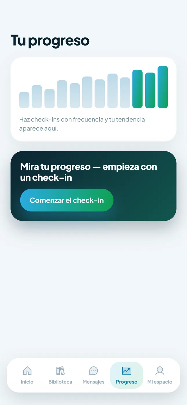 Pantalla Tu progreso de la app My MentalSpace en español, con la tendencia de los check-ins